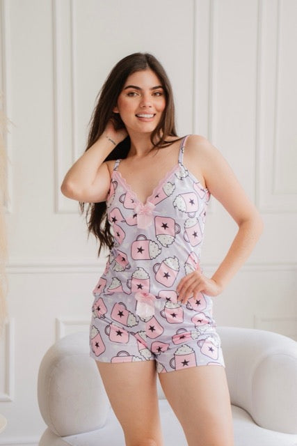 Short Acetato Encaje Coqueta cafecito