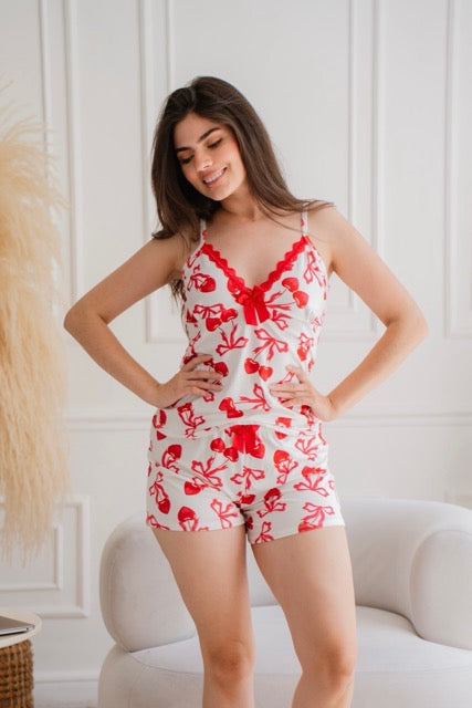 Short Acetato Encaje Coqueta Roja moñitos