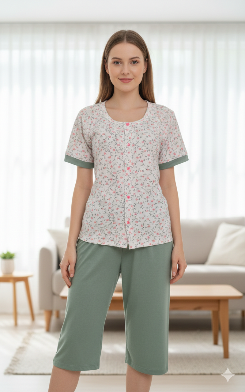 Capri en Algodón Botones Verde Olivo