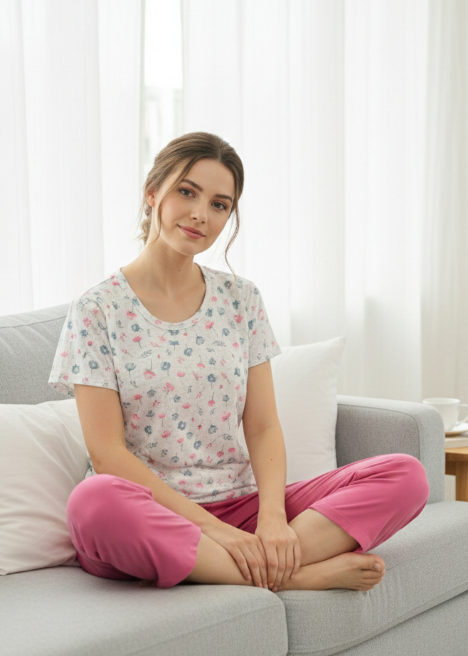 Capri en Algodón Manga Fuscia Flores