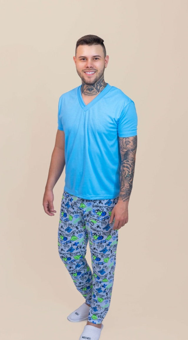 Hombre Pant Largo Estampado Azul Ortencia