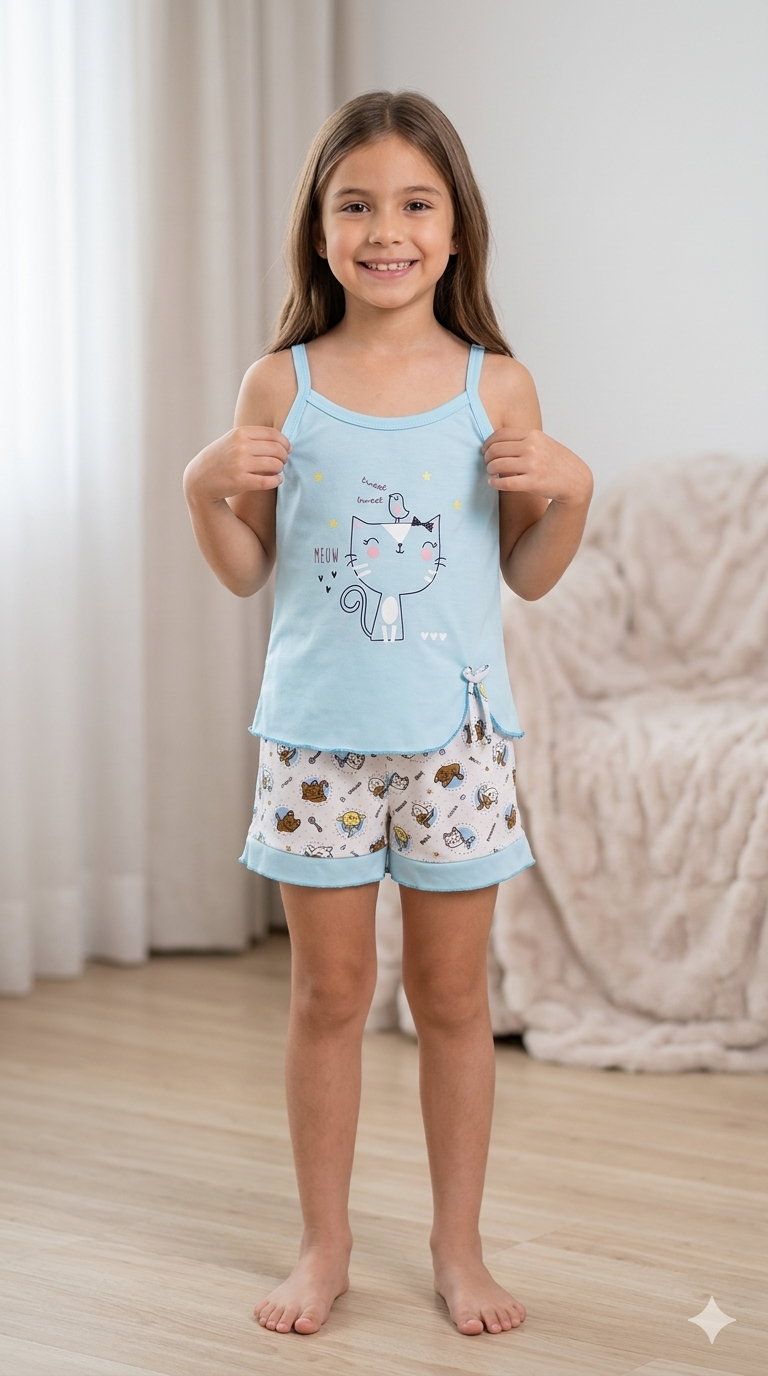 Niña Corta gatico celeste