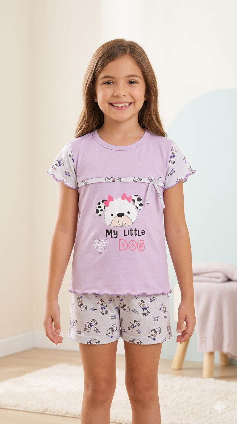 Niña Corta perrito lila