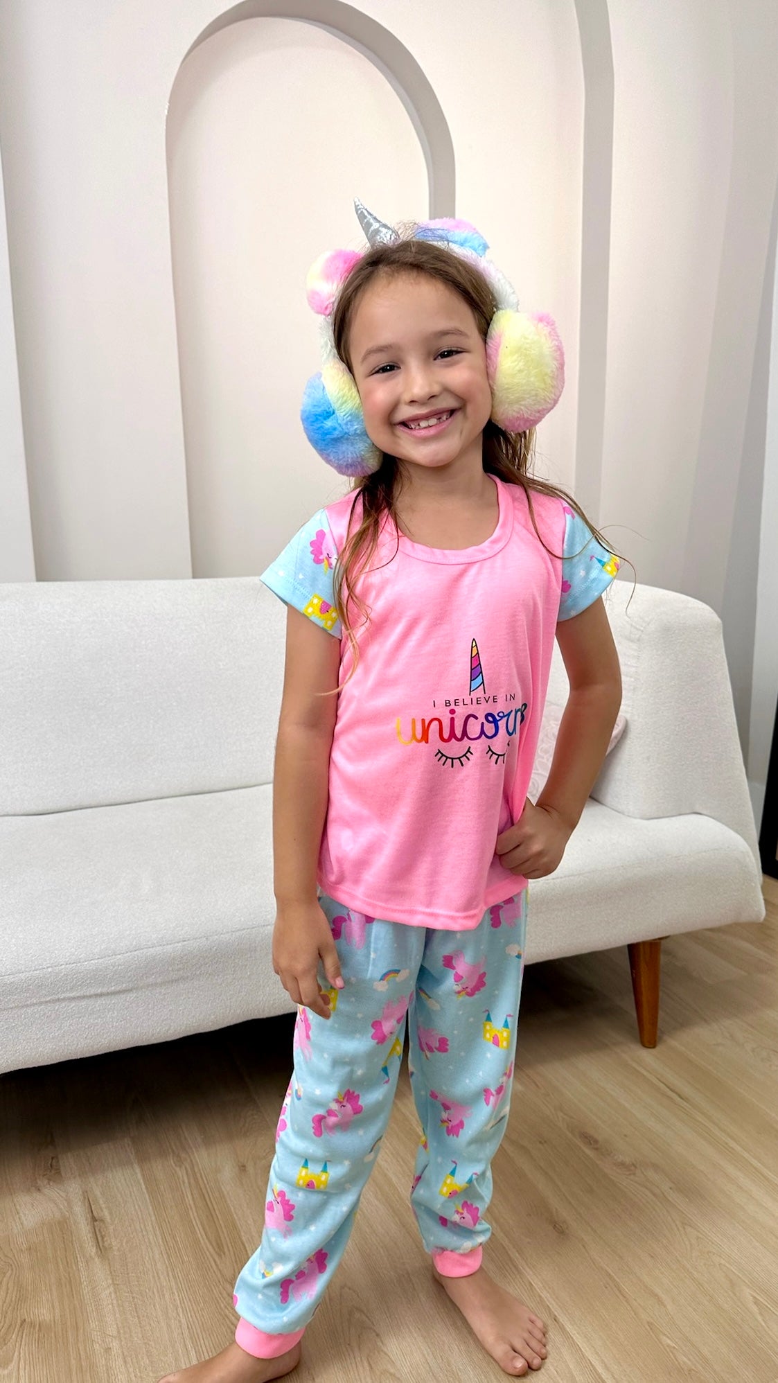 Niña Manga Corta Rosada Unicornio