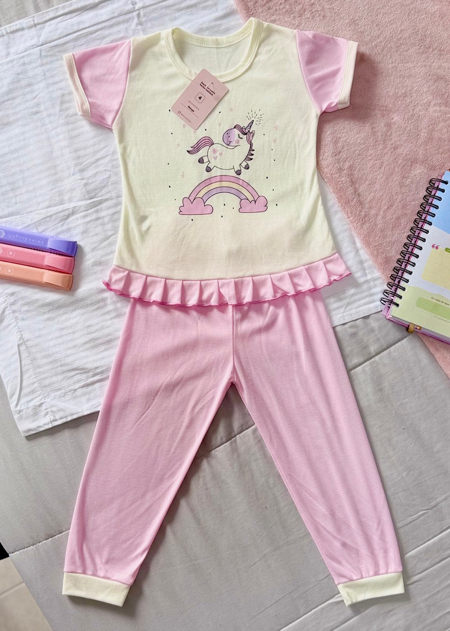 Niña Manga Corta Unicornio Rosa Pastel