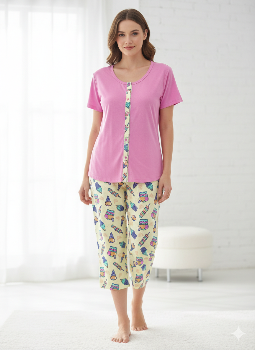 Capri en Algodón Botones Rosada