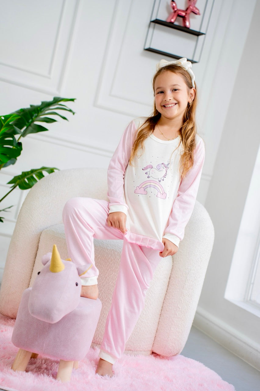 Niña Manga Larga Unicornio Rosa Pastel