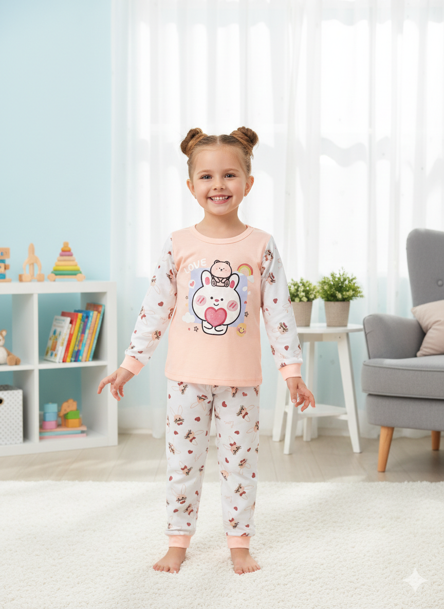 Niña Manga Larga Naranja Pastel Conejos