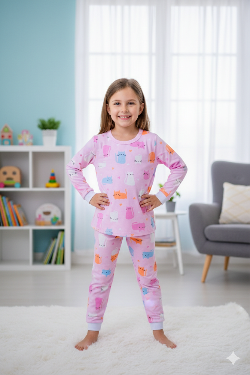 Niña Manga Larga Rosada Gatitos